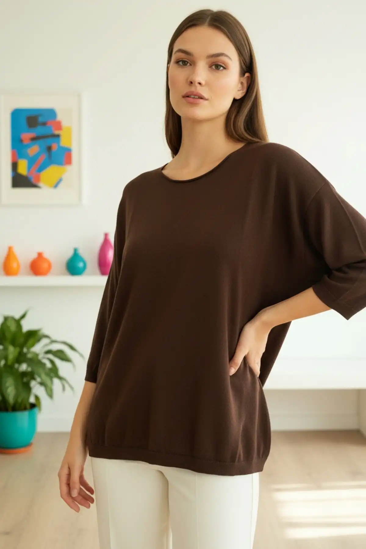 Kadın Koyu Kahverengi Kayık Yaka Likralı % 100 PAMUK İPLİK İnce Triko Bluz