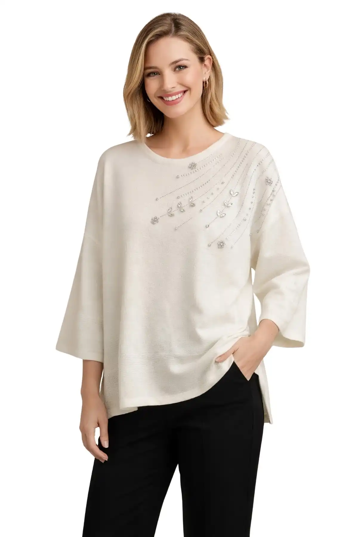 Kadın EKRU Bisiklet Yaka  Omuzlar Kristal Taş Çiçek İşlemeli Likralı Simli  Eteği Yırtmaçlı Merserize Tiriko