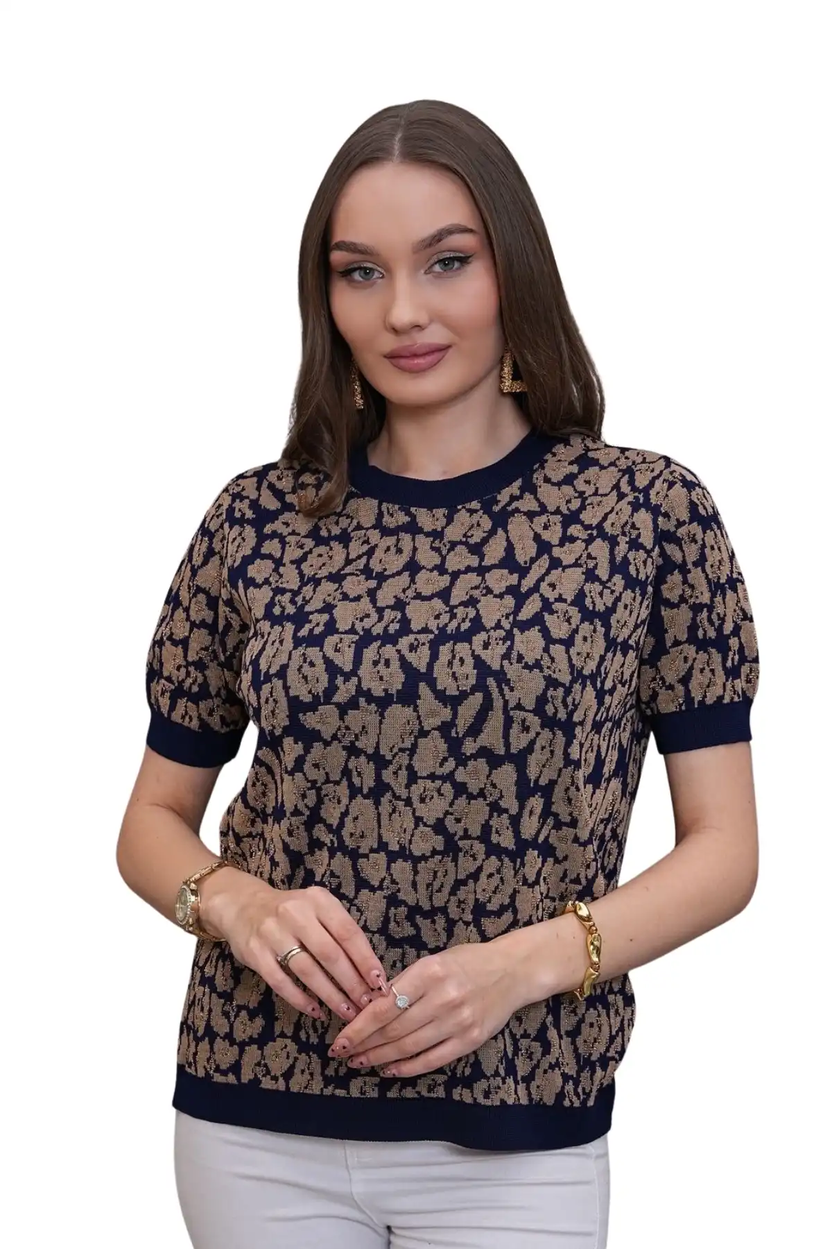Kadın LACİVERT  Bisiklet Yaka Leopar Desenli Likralı Yumuşak Dokulu Kısakol Tiriko Buluz