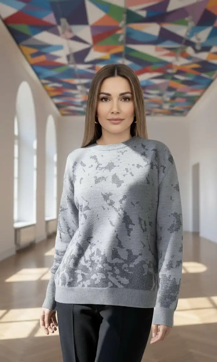 Kadın Açık Gri Sim Detaylı Bisiklet Yaka Batik Desen Yeni Sezon Likralı Esnek Tiriko Kazak