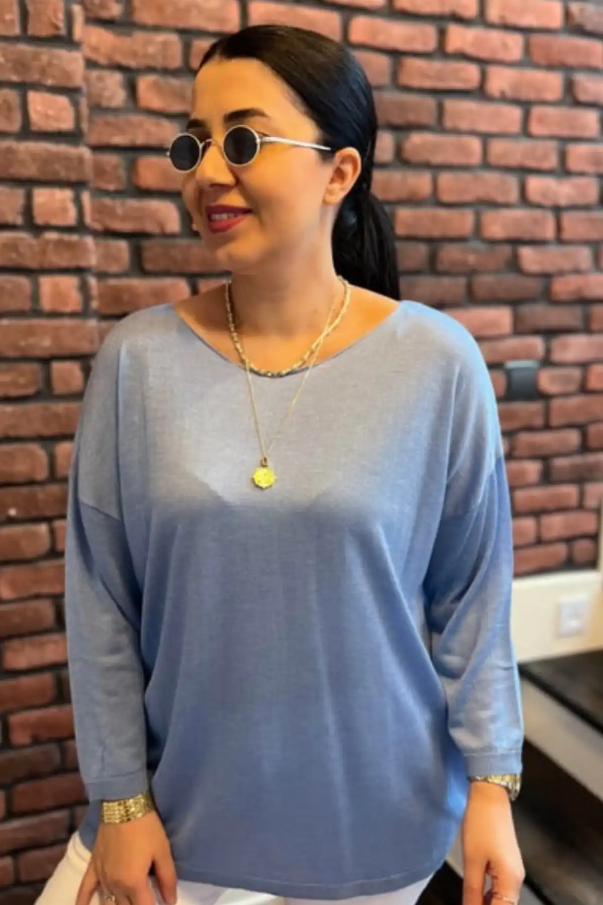 Kadın Açık Mavi Kayık Yaka Likralı % 100 PAMUK İPLİK İnce Triko Bluz