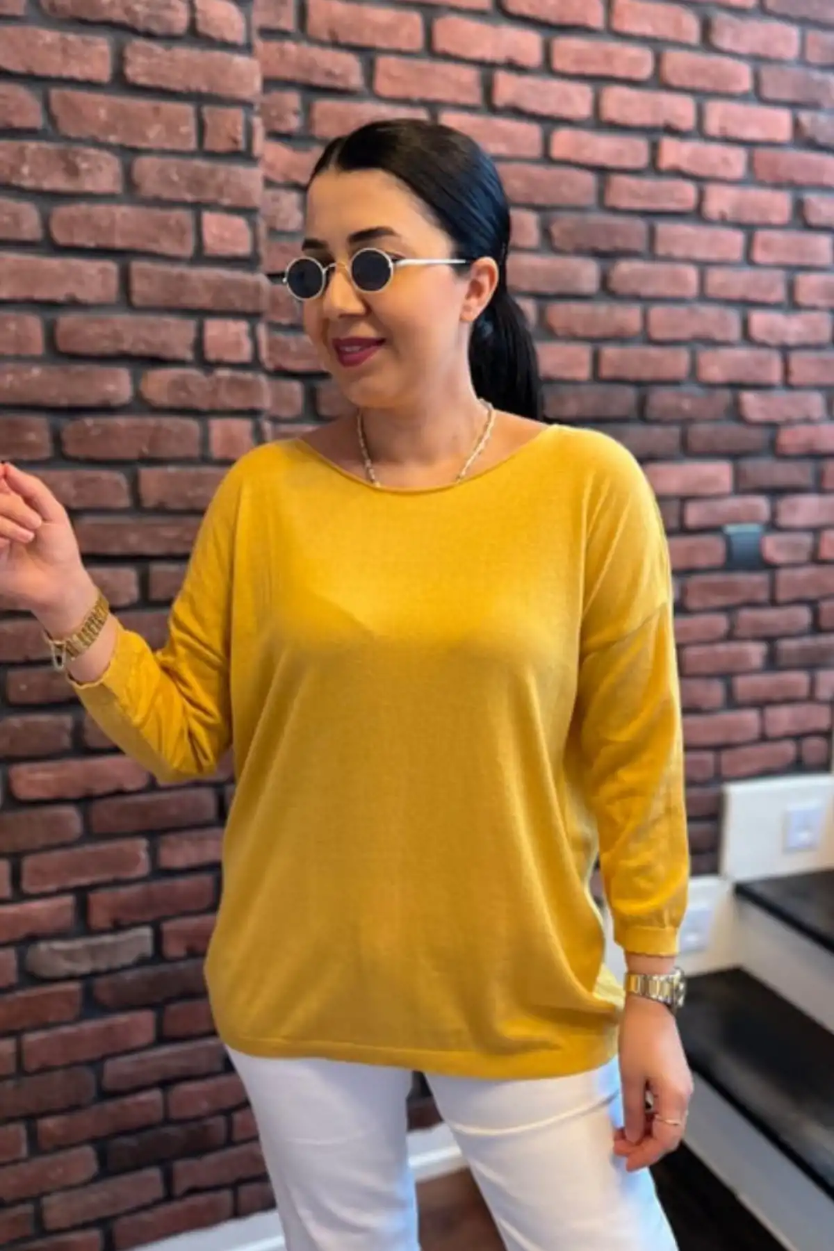 Kadın Sarı  Mavi Kayık Yaka Likralı İnce Triko Bluz