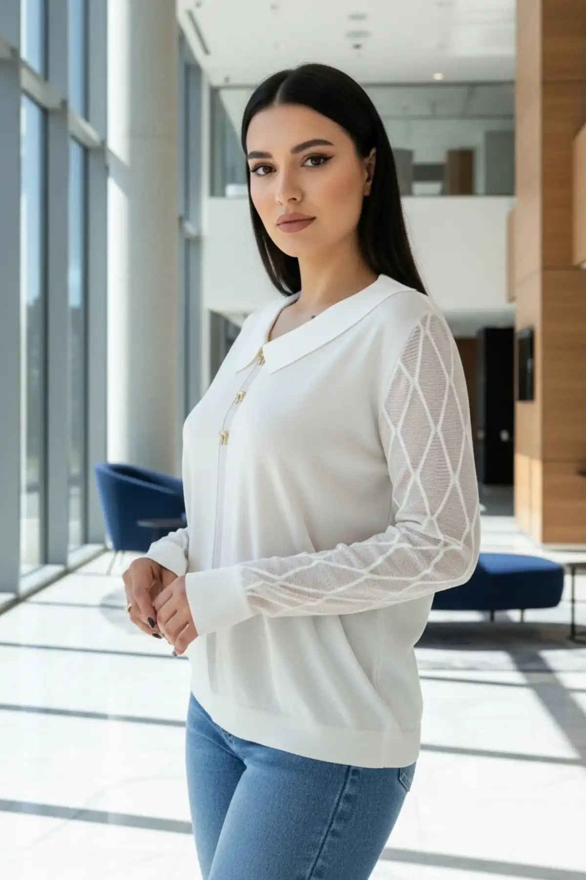 Kadın Beyaz Bebe Yakalı Kollar Ajurlu Fileli Simli Likralı Yumuşak Dokulu İnce Tiriko Kazak