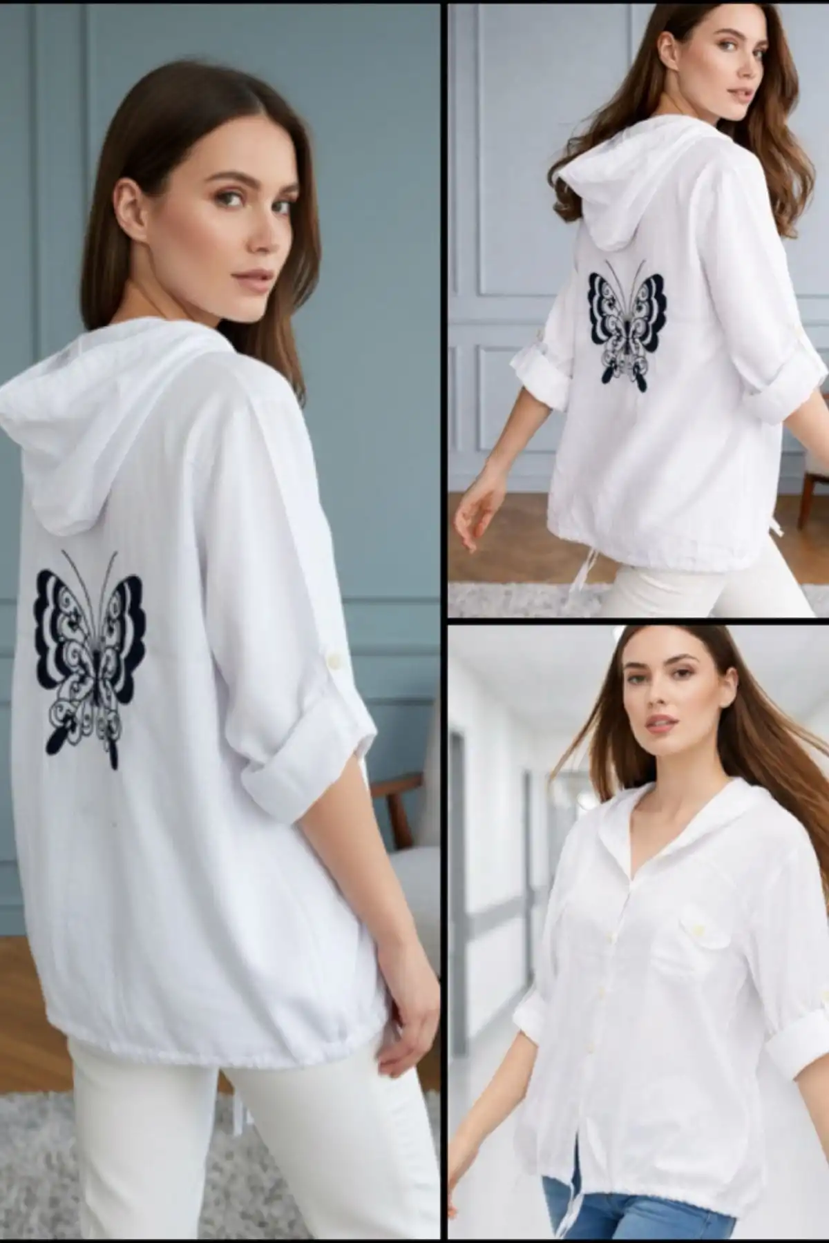 Kadın Beyaz Büyük Beden Sırtı Kelebek Nakışlı Kol Katlamalı Pamuk Keten Kumaş Gömlek Ceket
