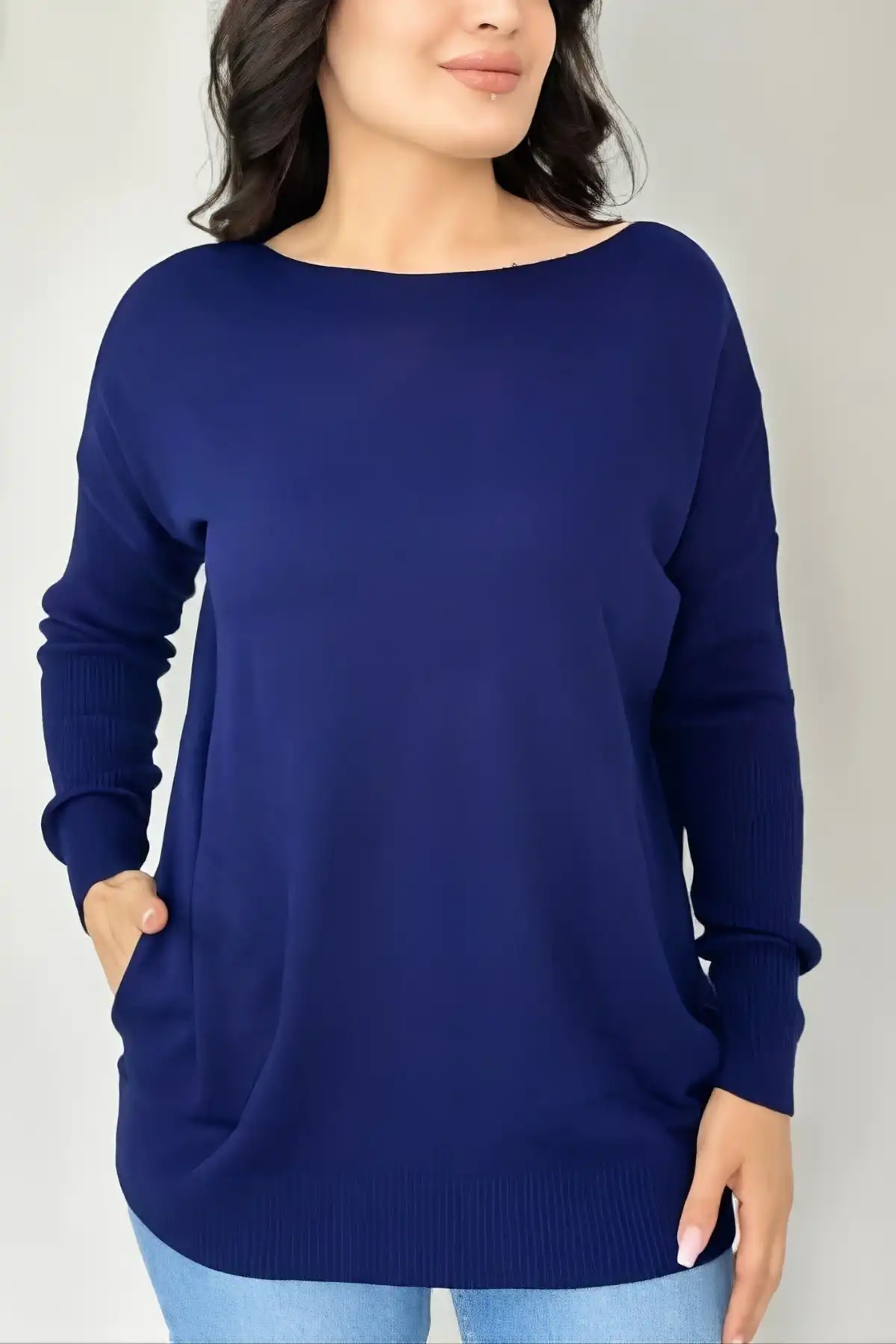 Kadın LACİVERT Bisiklet Yaka Yandan Cepli Likralı Yumuşak Dokulu İnce Tiriko Kazak