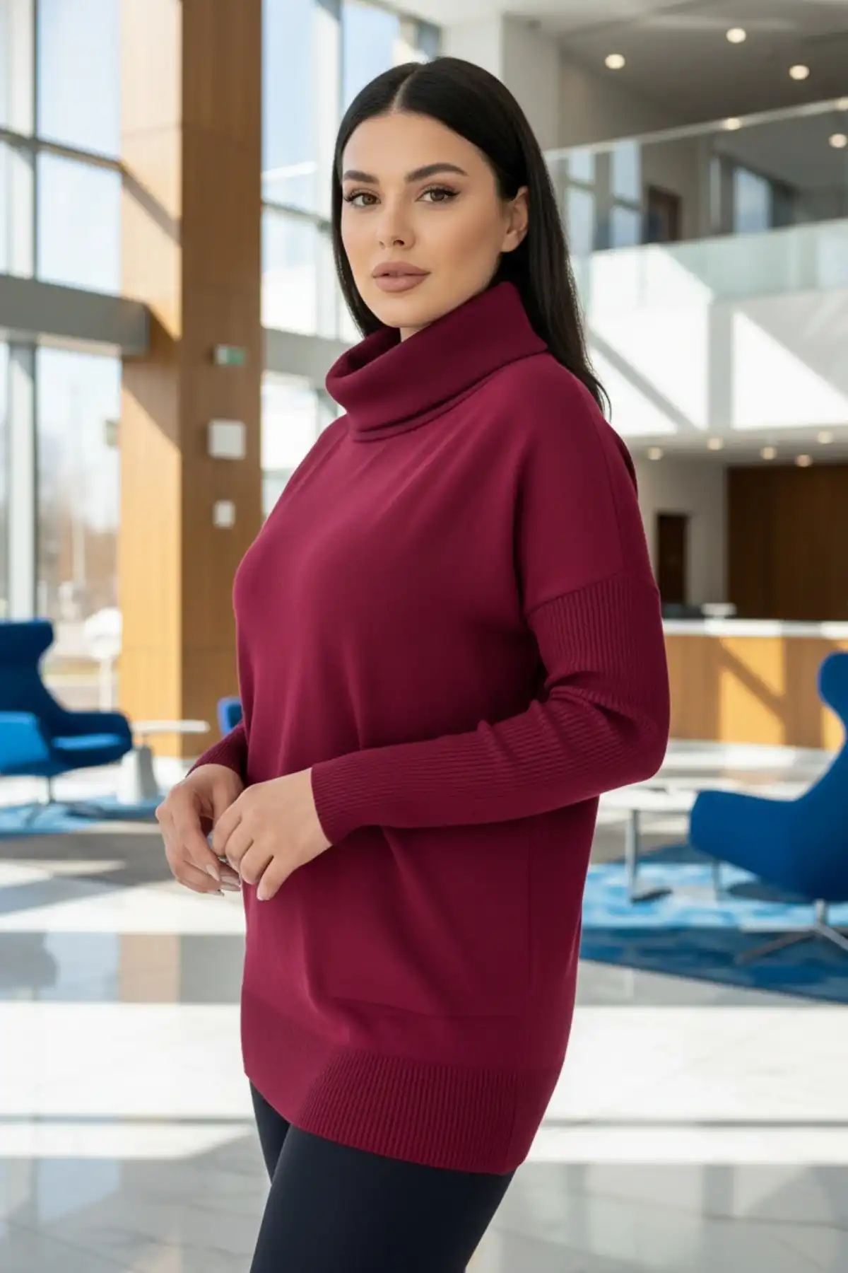 Kadın Bordo Degaje Yaka Yandan Cepli Likralı İnce Triko Bluz