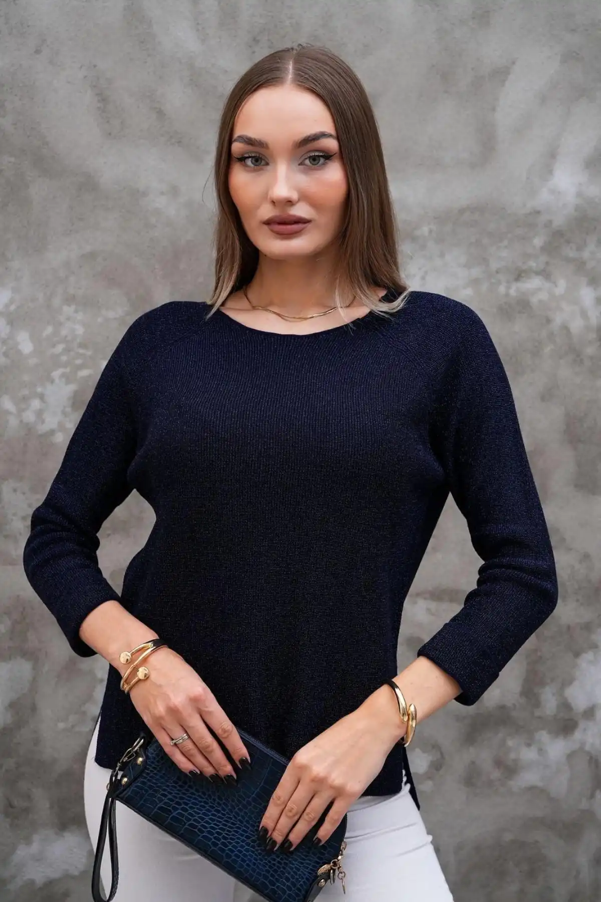Kadın Lacivert renk Bisiklet Yaka SİMLİ İnce Tiriko Duble Kol Manşetli Bluz