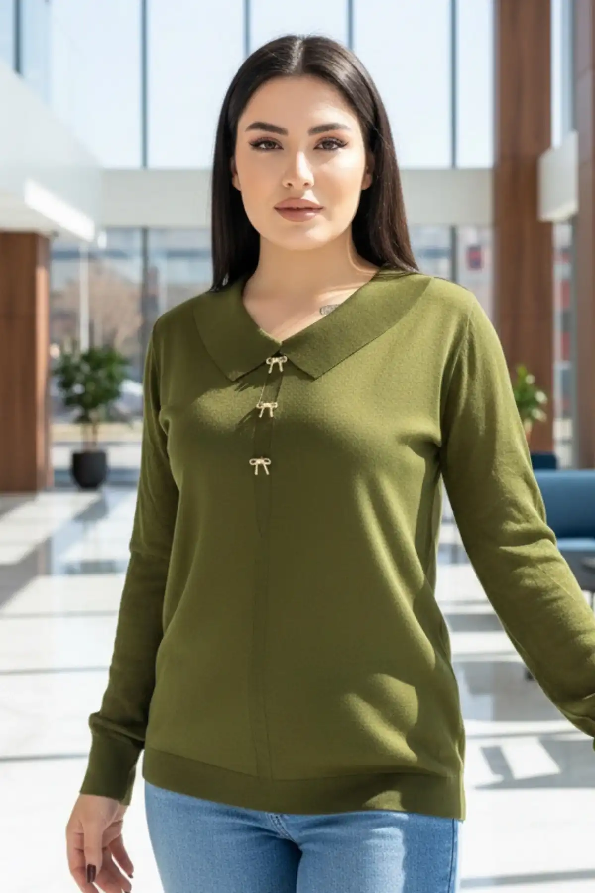 Kadın Haki Yeşil Bebe Yakalı Kollar Ajurlu Fileli Simli Likralı Yumuşak Dokulu İnce Tiriko Kazak