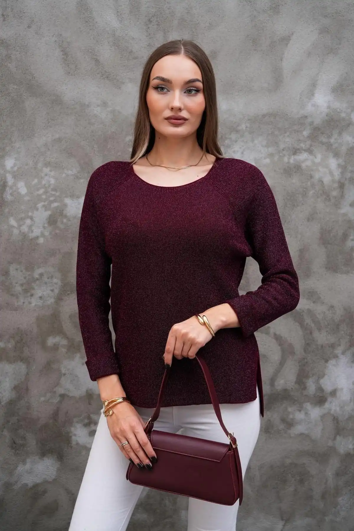 Kadın Bordo renk Bisiklet Yaka SİMLİ İnce Tiriko Duble Kol Manşetli Bluz