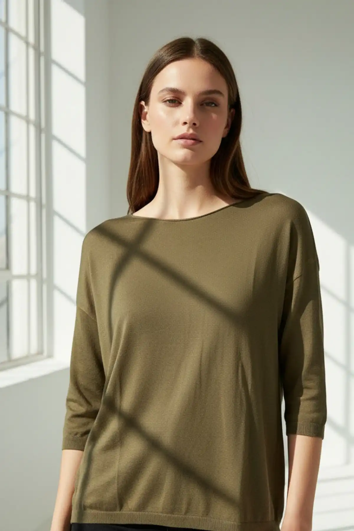 Kadın Haki Yeşil Kayık Yaka Likralı % 100 PAMUK İPLİK İnce Triko Bluz