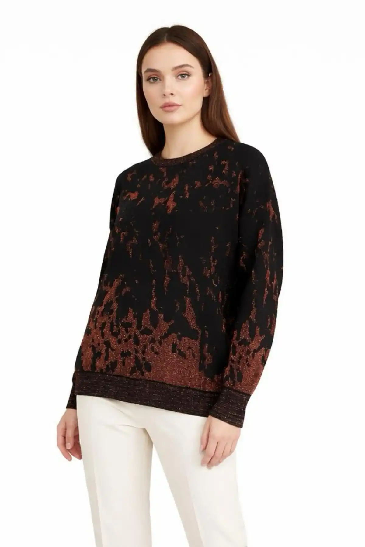 Kadın GOLD KAHVE Sim Detaylı Bisiklet Yaka Batik Desen Yeni Sezon Likralı Esnek Tiriko Kazak