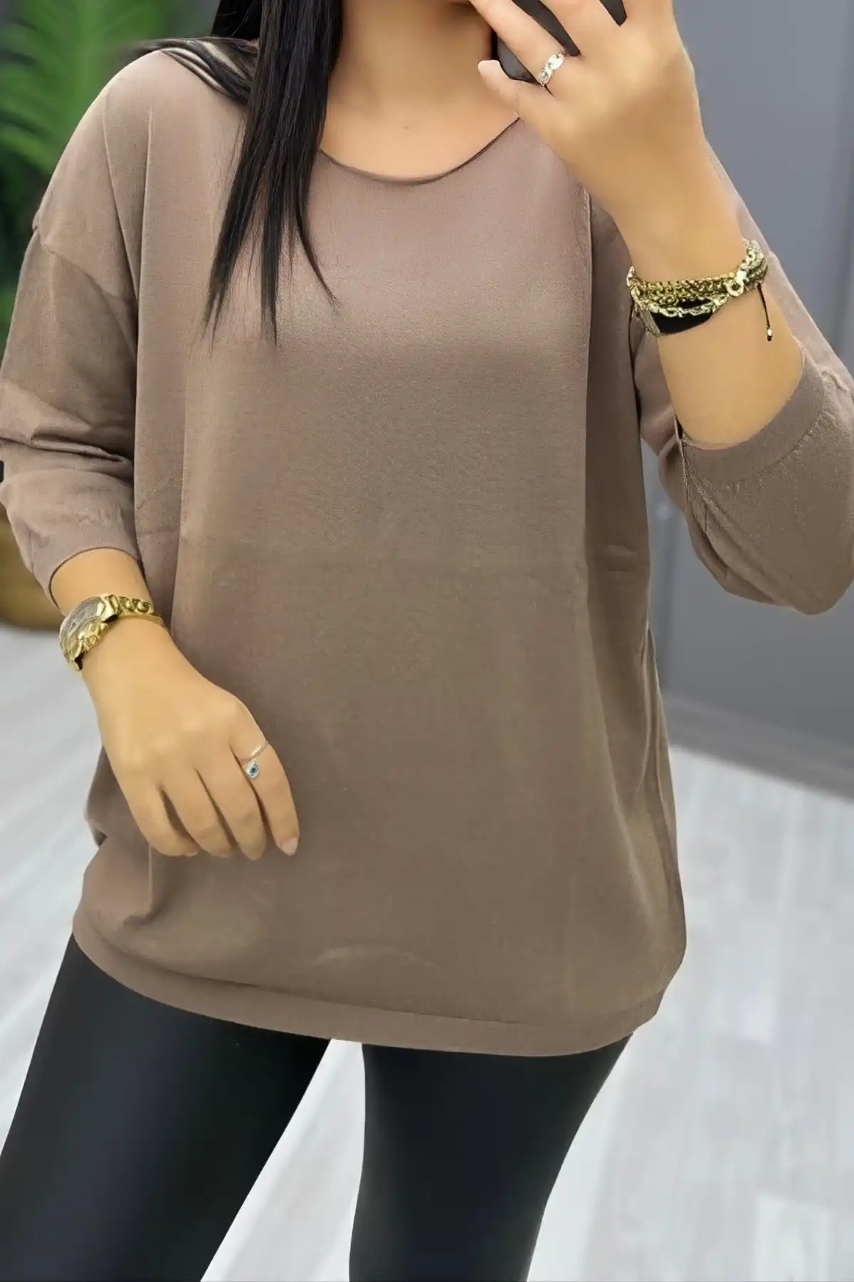 Kadın Kahve Kayık Yaka Likralı % 100 PAMUK İPLİK İnce Triko Bluz