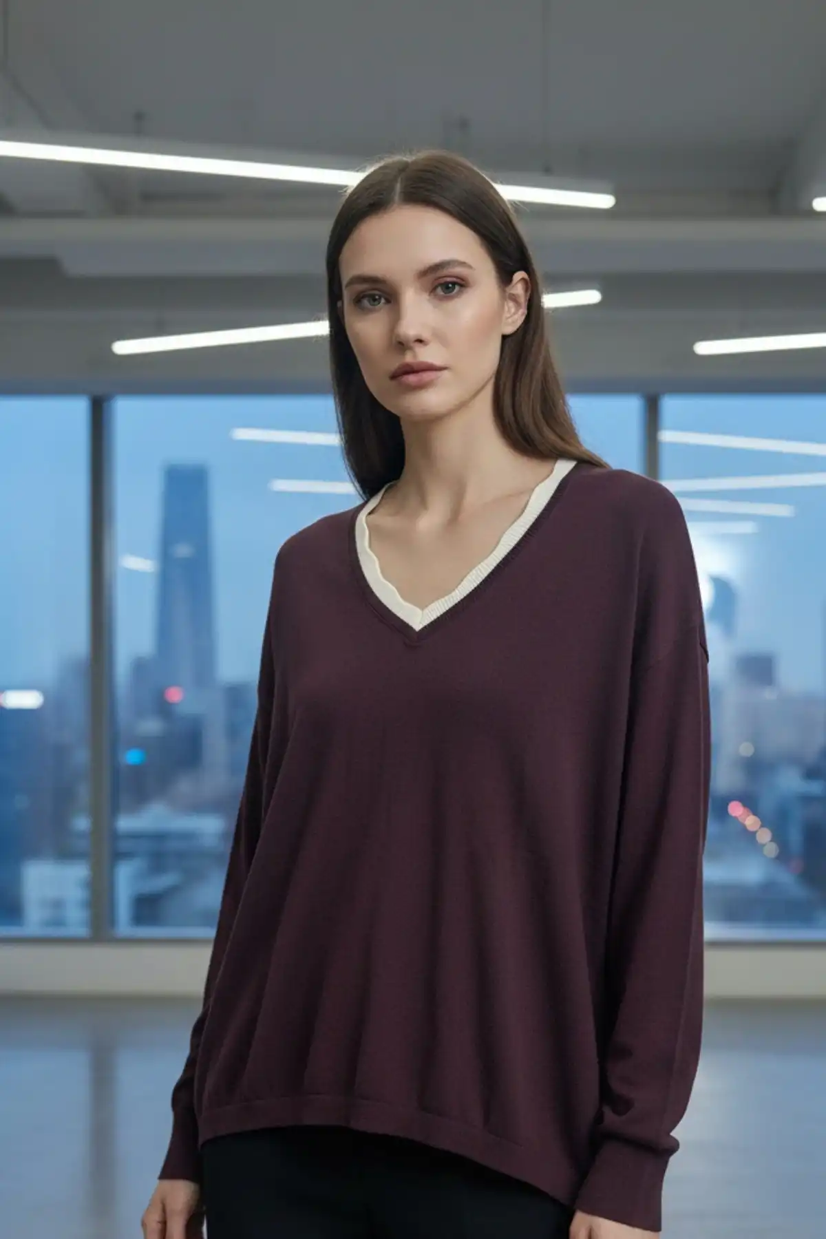 Kadın Kahve V Yaka Yakası Çift Renkli Pamuk Örgü Likarlı İnce Triko Buluz