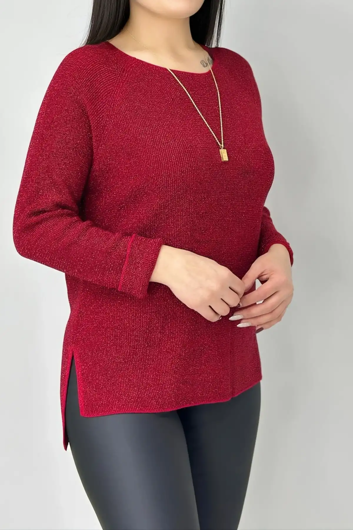 Kadın Kırmızı Bisiklet Yaka SİMLİ İnce Tiriko Duble Kol Manşetli Bluz