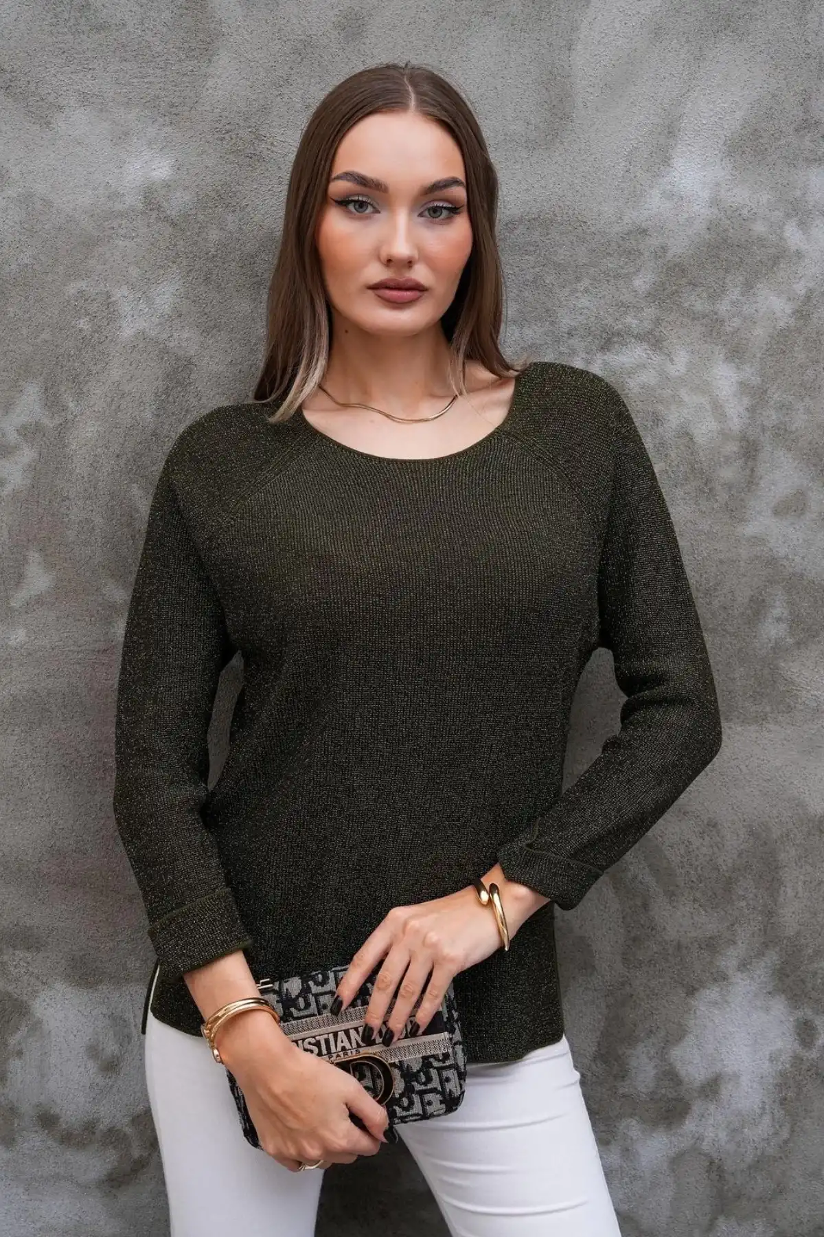 Kadın Haki Yeşil Bisiklet Yaka SİMLİ İnce Tiriko Duble Kol Manşetli Bluz