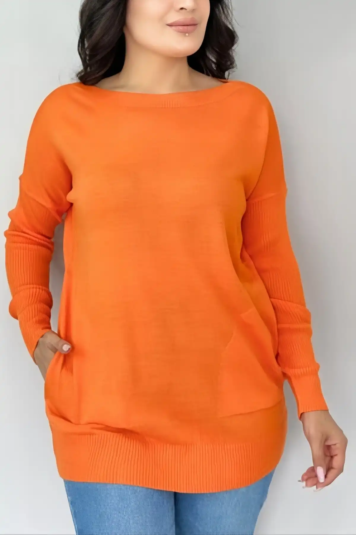 Kadın TURUNCU Bisiklet Yaka Yandan Cepli Likralı Yumuşak Dokulu İnce Tiriko Kazak