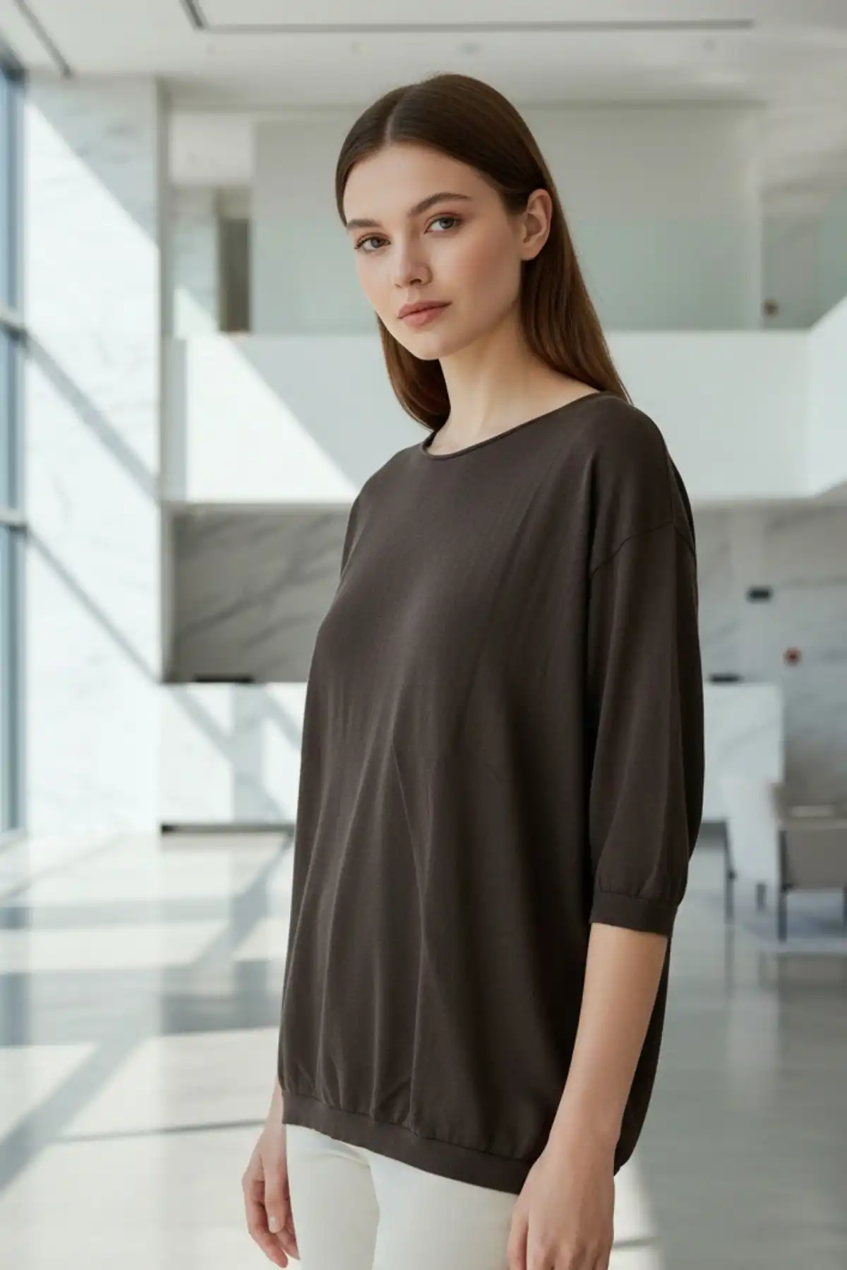 Kadın Koyu Kahverengi Kayık Yaka Likralı % 100 PAMUK İPLİK İnce Triko Bluz