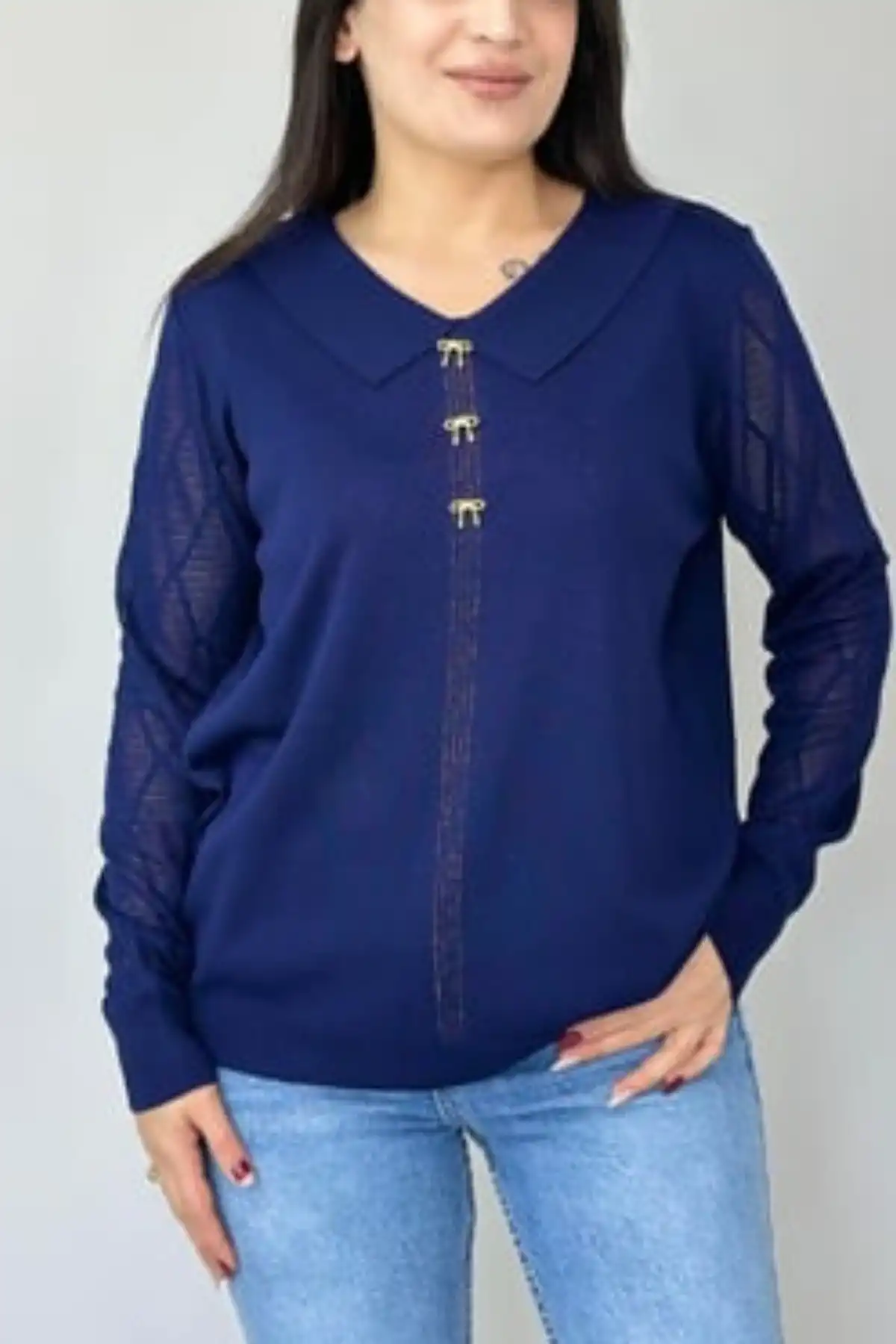 Kadın Lacivert Bebe Yakalı Kollar Ajurlu Fileli Simli Likralı Yumuşak Dokulu İnce Tiriko Kazak