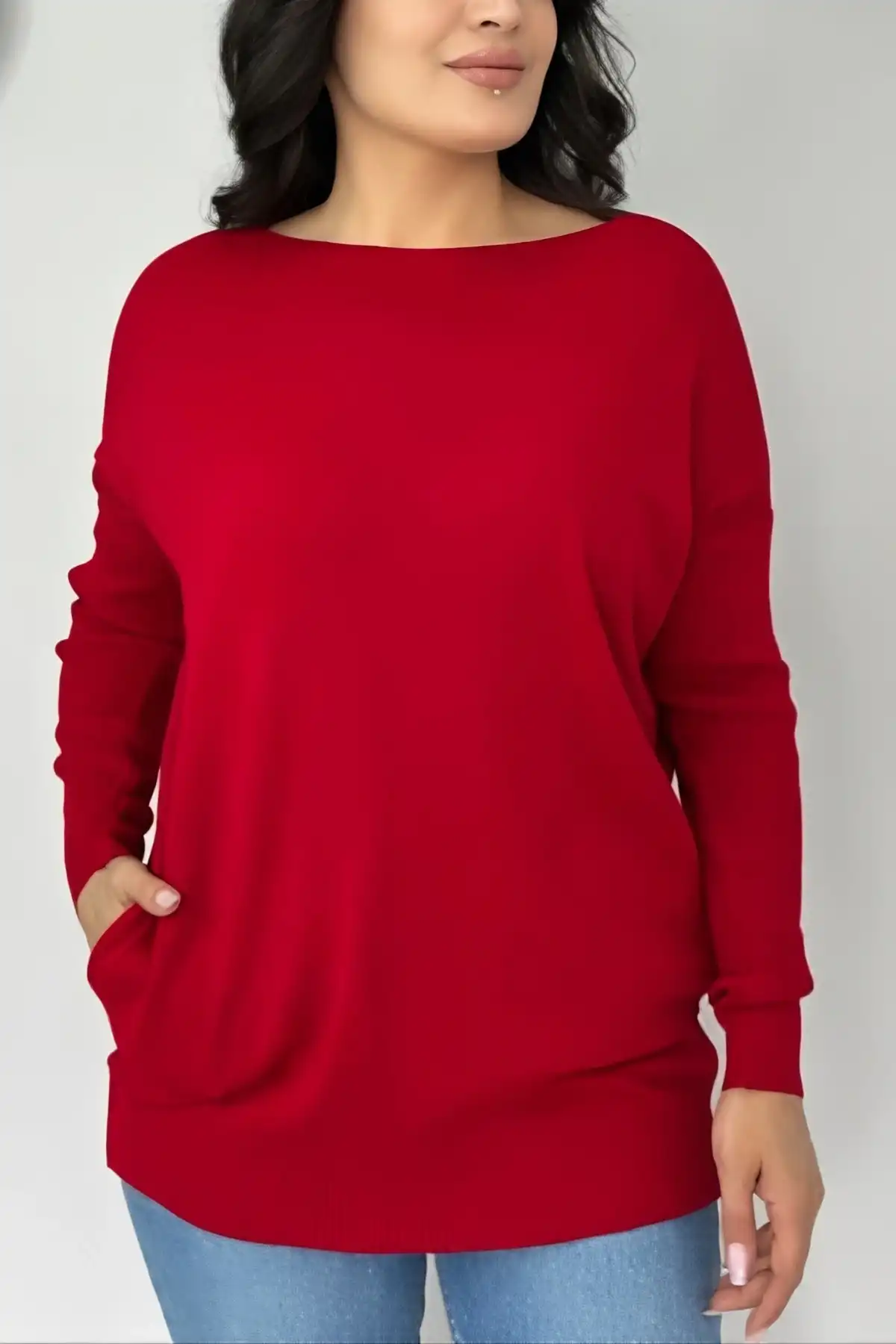 Kadın KIRMIZI Bisiklet Yaka Yandan Cepli Likralı Yumuşak Dokulu İnce Tiriko Kazak