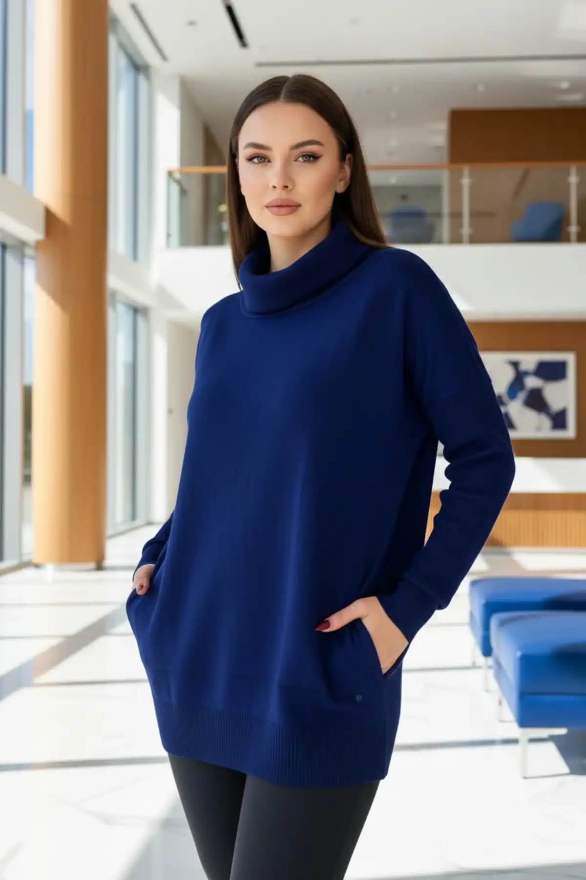 Kadın Lacivert Degaje Yaka Yandan Cepli Likralı İnce Triko Bluz