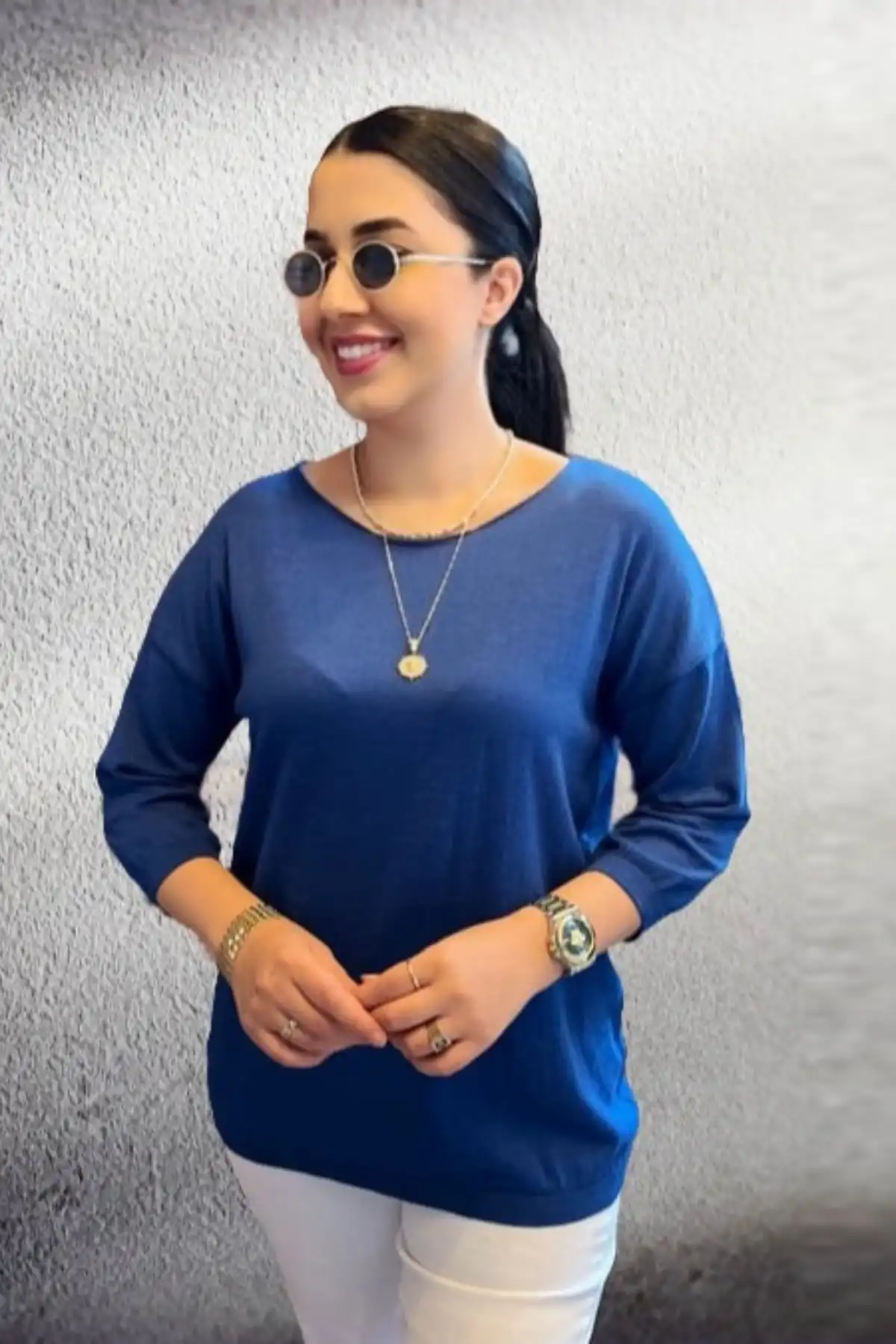 Kadın Lacivert Kayık Yaka Likralı İnce % 100 PAMUK İPLİK Triko Bluz