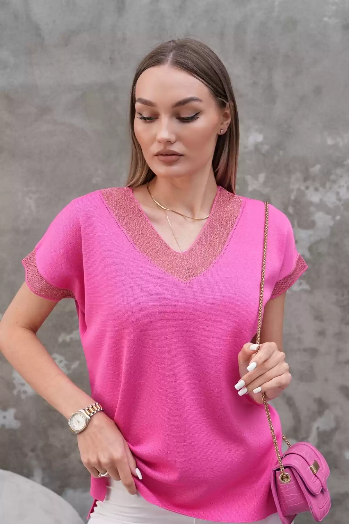 Kadın Pembe V Yaka Yakası Sim Detaylı Soğuk İplik Yazlık İnce Merserize Buluz