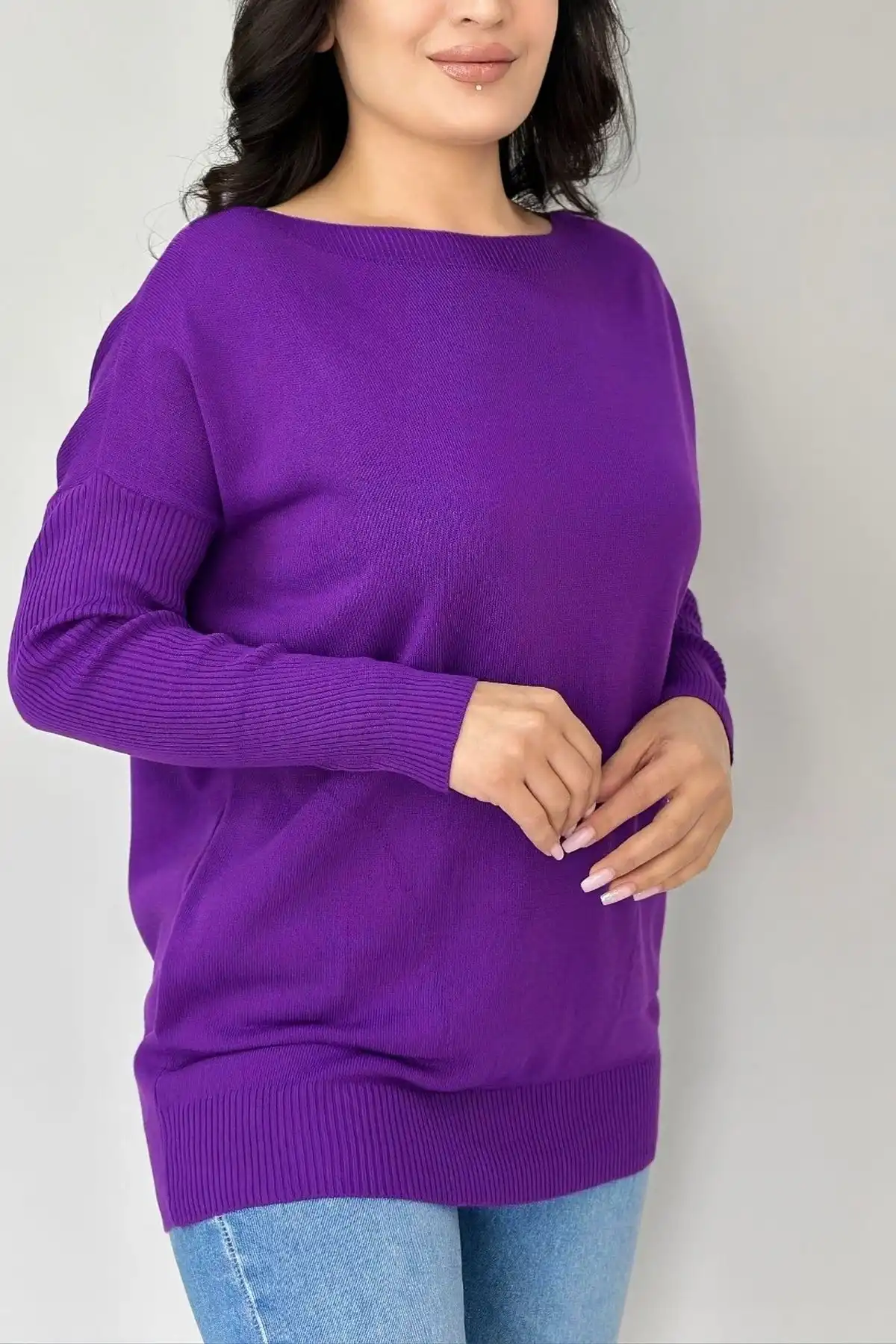 Kadın MOR Bisiklet Yaka Yandan Cepli Likralı Yumuşak Dokulu İnce Tiriko Kazak