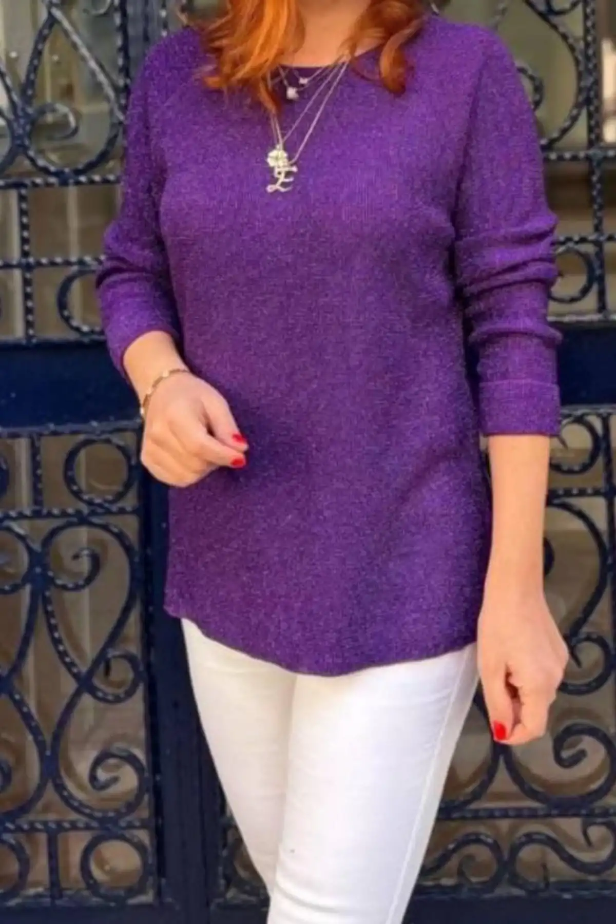 Kadın Mor Bisiklet Yaka SİMLİ İnce Tiriko Duble Kol Manşetli Bluz