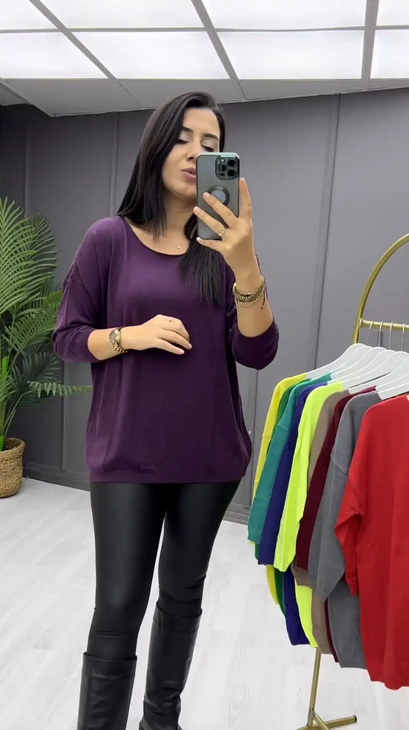 Kadın Mor Kayık Yaka Likralı  % 100 PAMUK İPLİK  İnce Triko Bluz