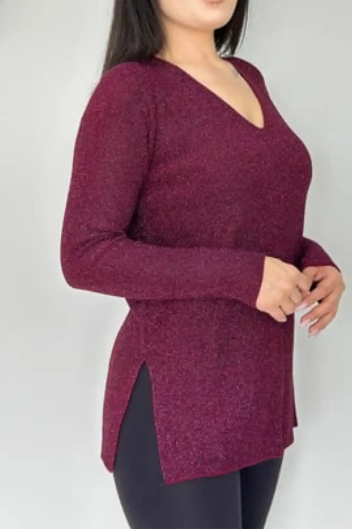 Kadın Mürdüm V Yaka Likralı Dışı Simli İçi Yumoş İnce Triko Bluz