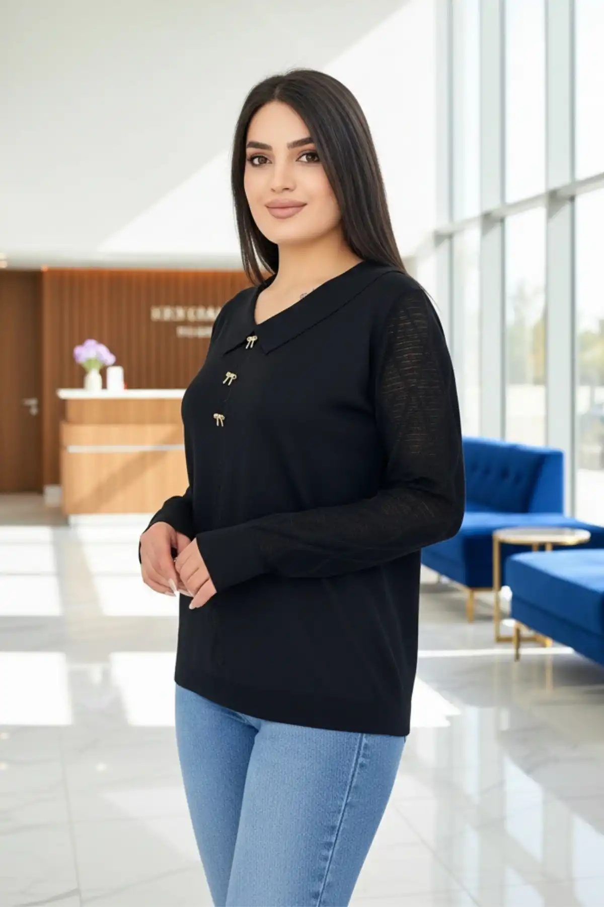 Kadın Siyah Bebe Yakalı Kollar Ajurlu Fileli Simli Likralı Yumuşak Dokulu İnce Tiriko Kazak