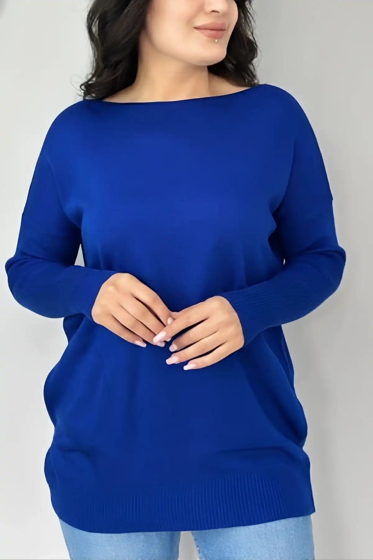 Kadın MAVİ Bisiklet Yaka Yandan Cepli Likralı Yumuşak Dokulu İnce Tiriko Kazak