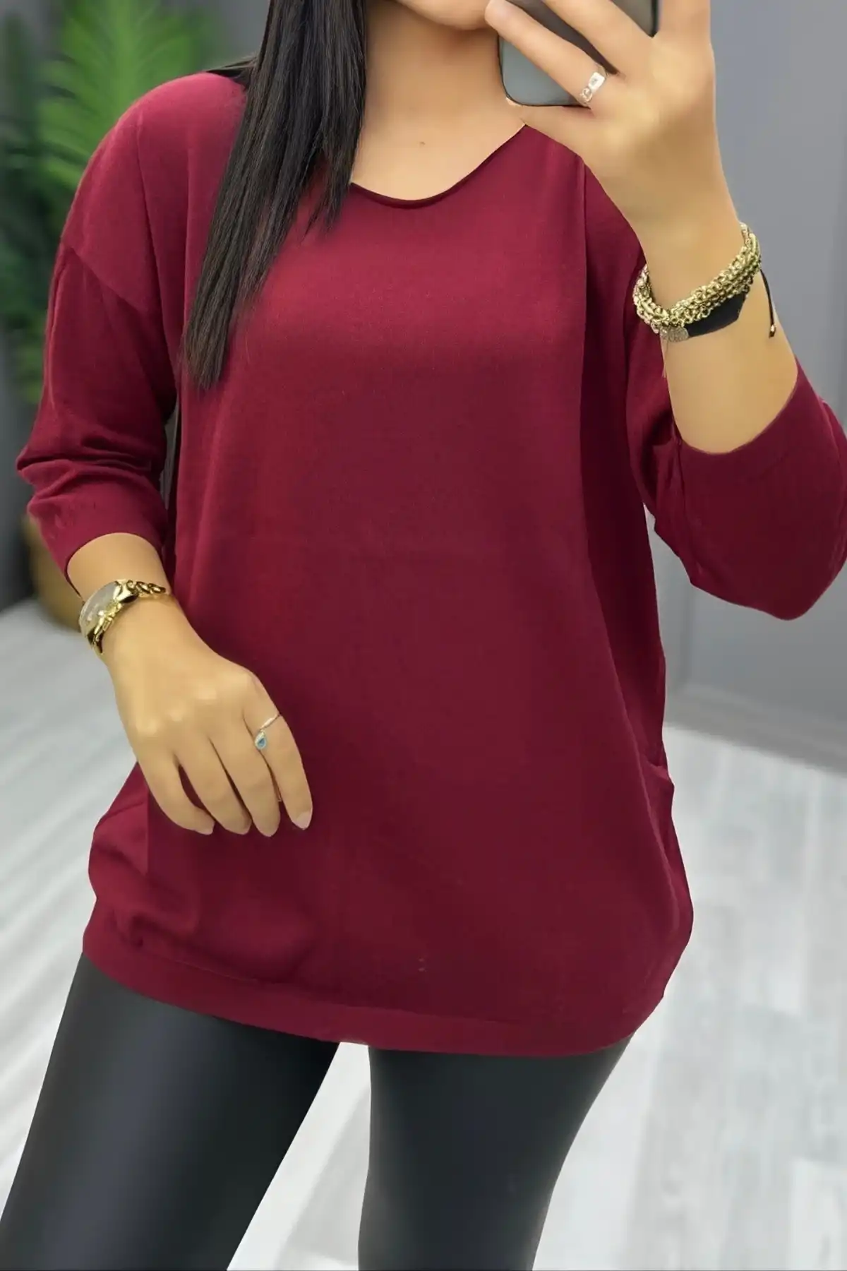 Kadın VİŞNERENGİ Kayık Yaka Likralı İnce % 100 PAMUK İPLİK Triko Bluz