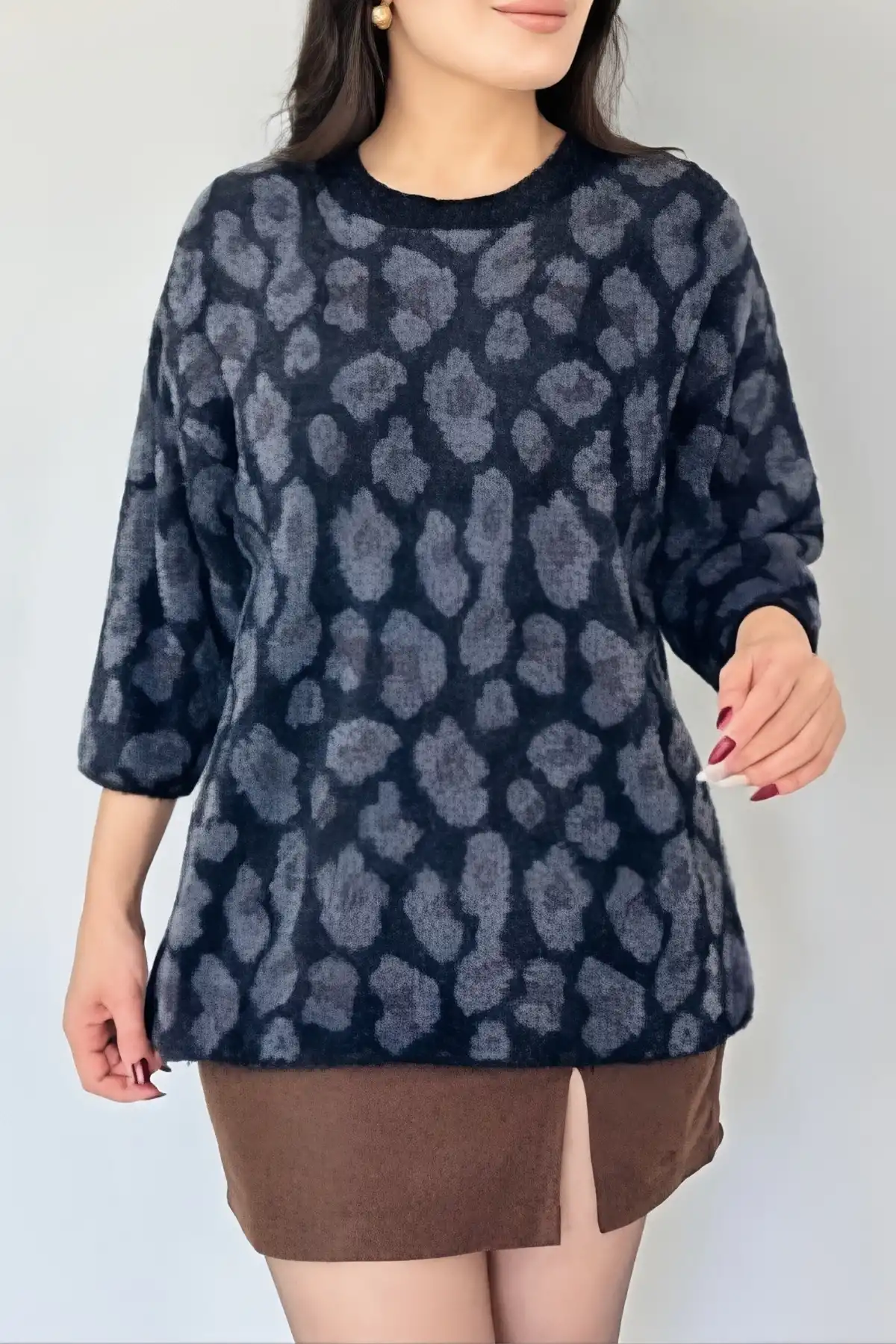 Kadın Lacivert Bisiklet Yaka Desenli Angora Sakal Yumoş İp Örgü Rahat Kalıp Tiriko Kazak