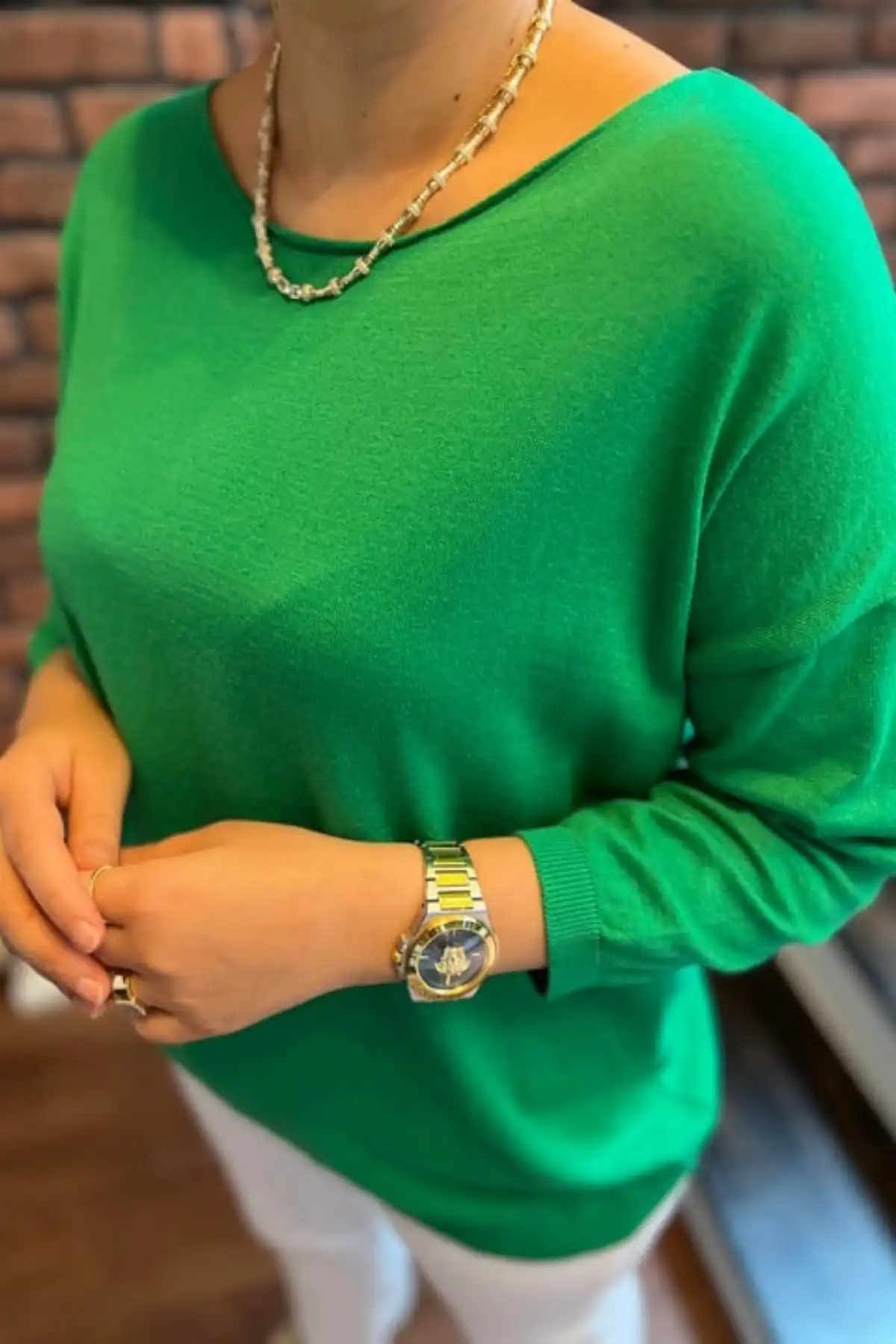 Kadın Yeşil Kayık Yaka Likralı % 100 PAMUK İPLİK İnce Triko Bluz