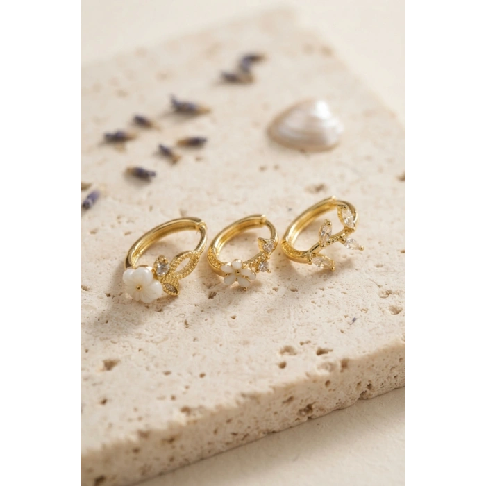 3 lü Set Çiçek Model Gold Renk Kadın Küpe