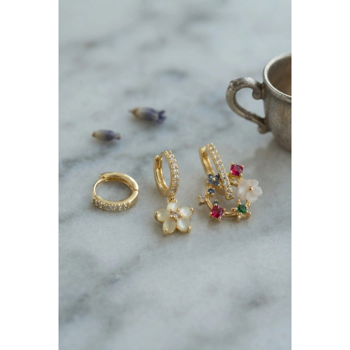 3 lü Set Gold Renk Çiçek Model Küpe