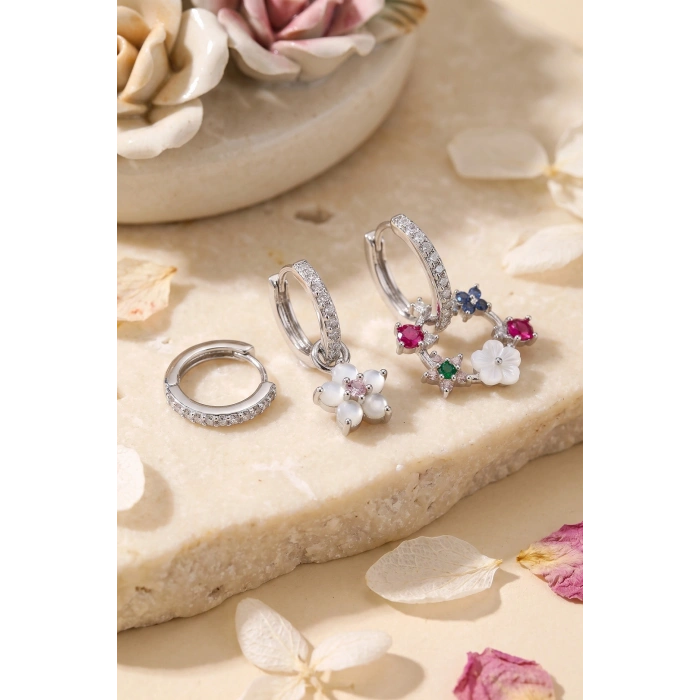 3 lü Set Gümüş Renk Çiçek Model Küpe