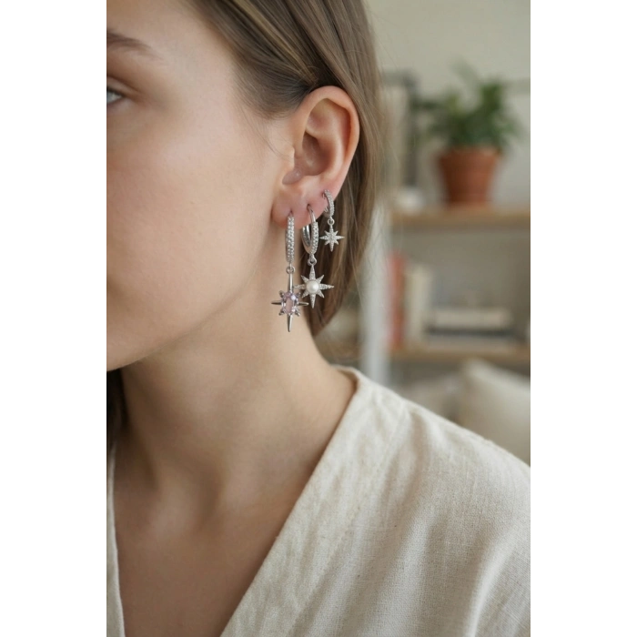 3 lü Set Küpe Gümüş Renk Kutup Yıldızı Model