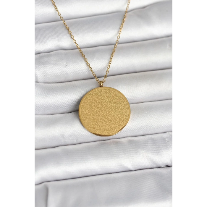 316L Çelik Gold Renk Ayetel Kürsi ve Allah Yazılı Kolye