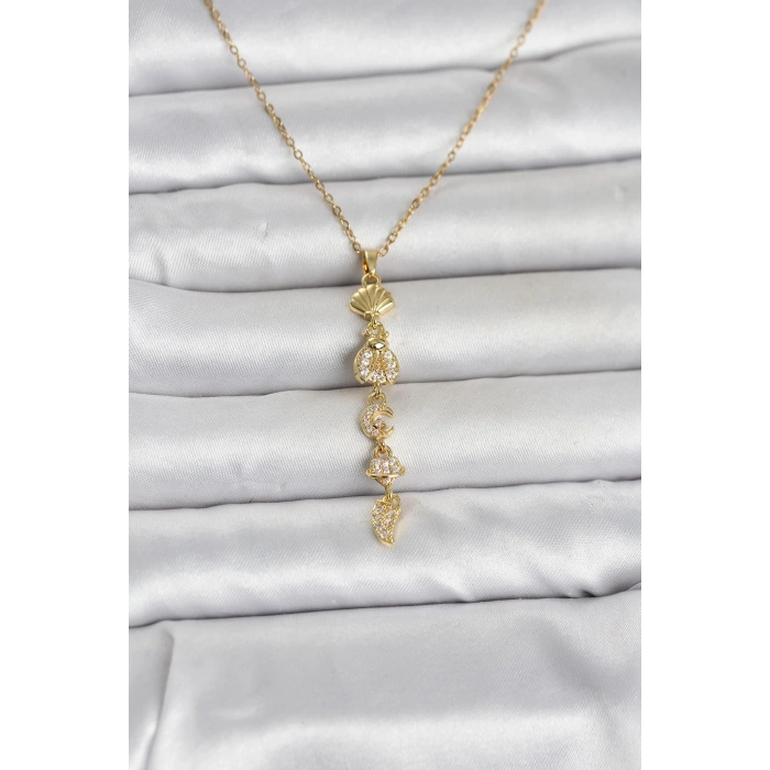 316L Çelik Gold Renk Deniz Temalı Y Model Zirkon Taşlı Kadın Kolye