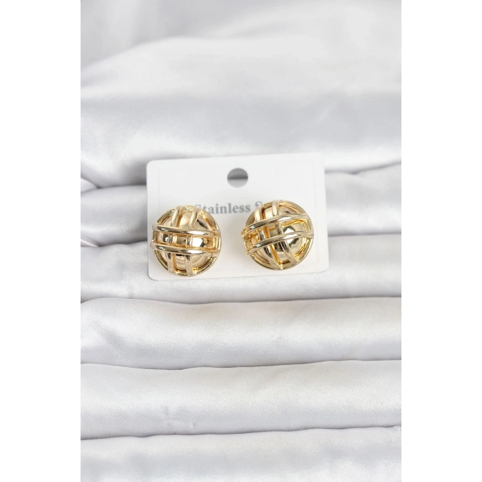 316L Çelik Gold Renk Desenli Top Model Kadın Küpe