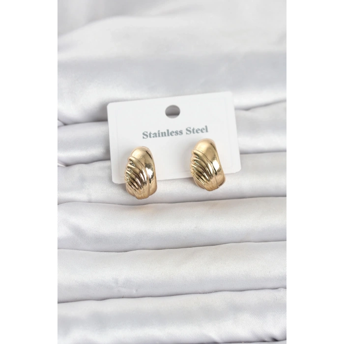 316L Çelik Gold Renk Desenli Yarım Halka Model Kadın Küpe