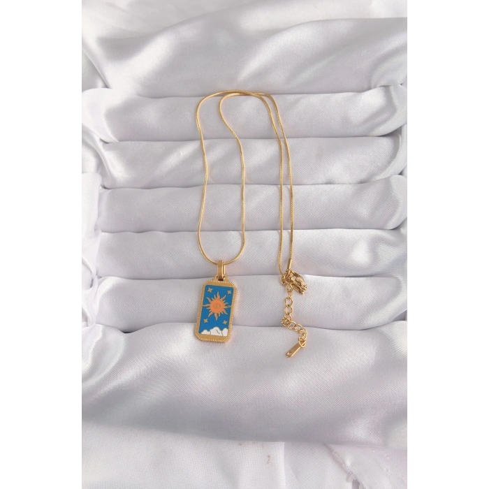 316L Çelik Gold Renk Mavi Mineli Güneş Model Tarot Kolye