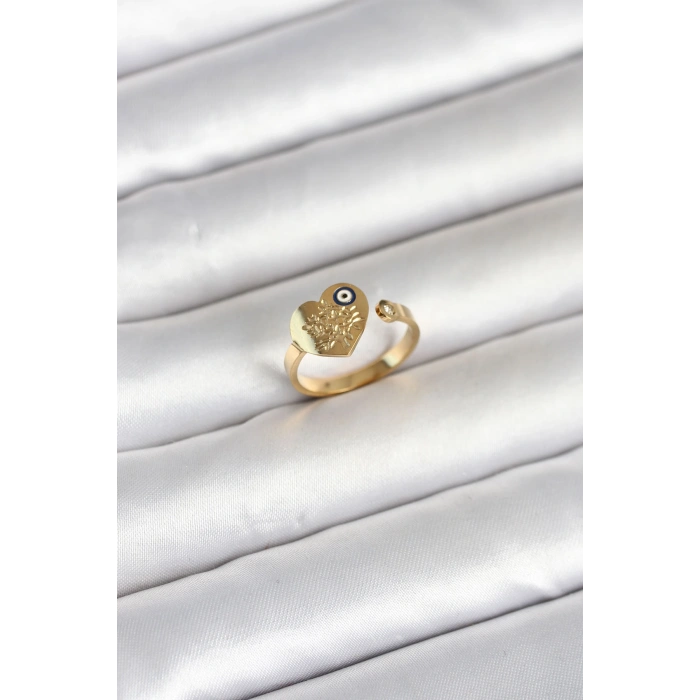 316L Çelik Gold Renk Nazar Detaylı Kalp Model Kadın Yüzük