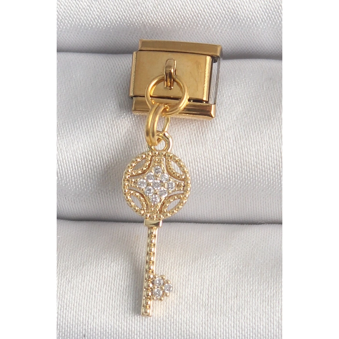 316L Çelik Gold Renk Sallantı Zirkon Taşlı Anahtar Model Nomination Charm