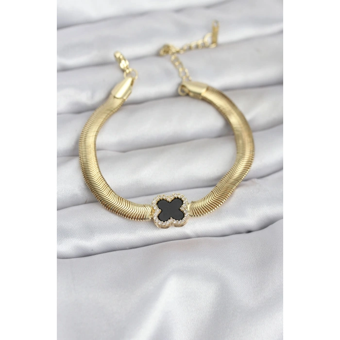 316L Çelik Gold Renk Siyah Yonca Model Zirkon Taşlı Yılan Zincirli Kadın Bileklik