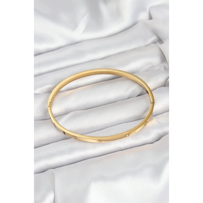 316L Çelik Gold Renk Zirkon Taşlı 65 mm İnce Kadın Kelepçe Bileklik