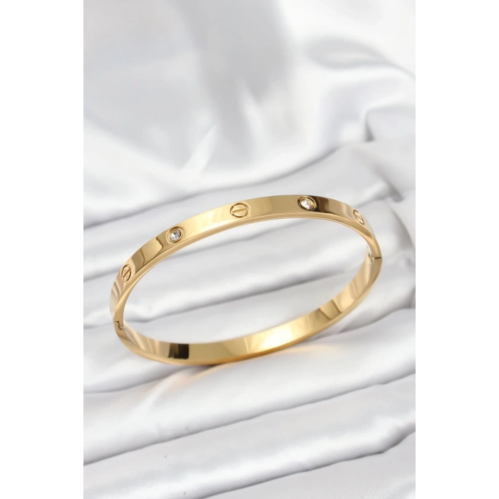316L Çelik Gold Renk Zirkon Taşlı 65 mm Kadın Kelepçe Bileklik