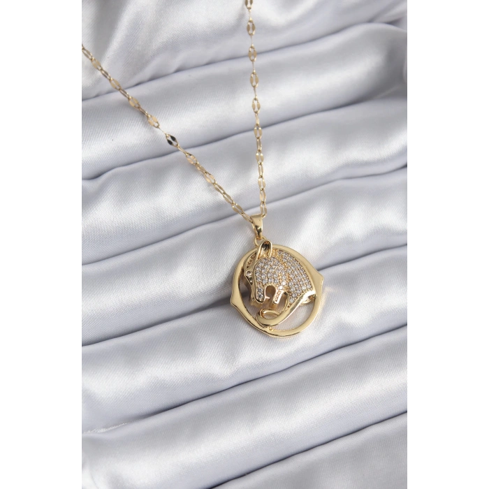 316L Çelik Gold Renk Zirkon Taşlı Jaguar Model Kadın Kolye